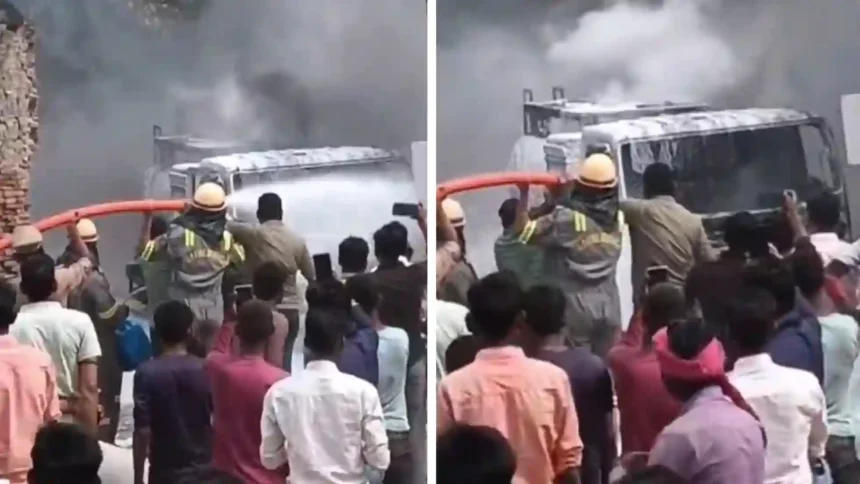 हरदोई में भारत पेट्रोलियम के टैंकर में अचानक लगी आग, आग की चपेट में आने से किराना की दुकान का सारा सामान जलकर हुआ राख