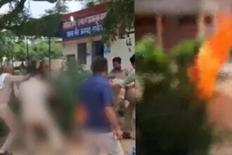 अलीगढ में प्रॉपर्टी विवाद के चलते पुलिस स्टेशन के बाहर ही मां को बेटे ने लगा दी आग