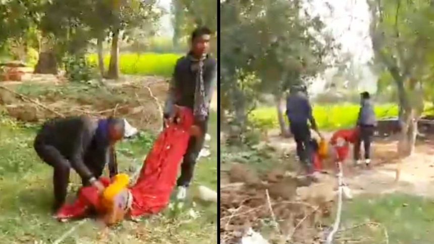 हरदोई में ससुर, पति और देवर के द्वारा एक महिला को साड़ी से गर्दन बांधकर बेरहमी से घसीटा, महिला को बुरी तरह पीटा