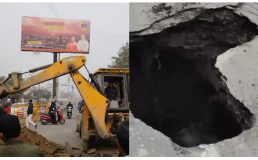 महाकुंभ से पहले प्रयागराज में सड़क ध्वस्त, हुआ 15 फीट गहरा गड्‌ढा